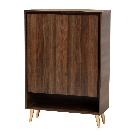 Picture of Baxton Studio Mid-Century Modern 46inH 2-Door Entryway Shoe Cabinet, Walnut Brown/Gold