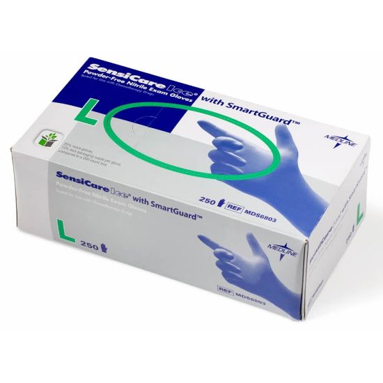 Picture of Medline SensiCare Ice Blue Nitrile Exam Gloves - Large Size - Dark Blue - Comfortable, Chemical Resistant, Latex-free, Textured Fingertip, Non-sterile, Durable - For Medical - 250 / Box - 9.50in Glove Length