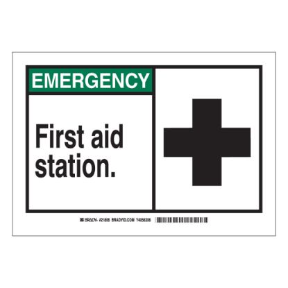 Picture of Brady "EMERGENCY First Aid Station" Sign, 7in x 10in, Multicolor