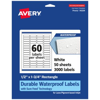 Picture of Avery Waterproof Permanent Labels With Sure Feed, 94204-WMF50, Rectangle, 1/2in x 1-3/4in, White, Pack Of 3,000