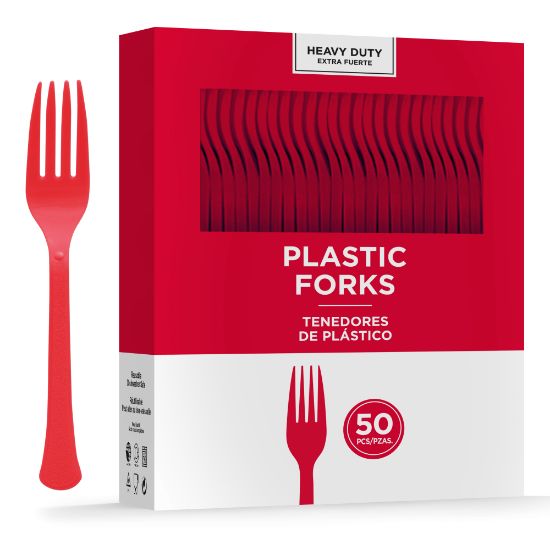 Picture of Amscan 8017 Solid Heavyweight Plastic Forks, Apple Red, 50 Forks Per Pack, Case Of 3 Packs