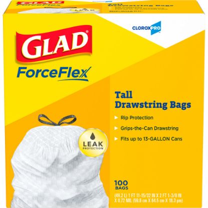 Picture of Glad Guaranted Strong 0.78-mil Tall Kitchen Trash Bags, 13 Gallons, 24in x 48in, White, Box Of 100