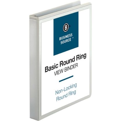 Picture of Business Source Round-ring View Binder - 1in Binder Capacity - Letter - 8 1/2in x 11in Sheet Size - 225 Sheet Capacity - Round Ring Fastener(s) - 2 Internal Pocket(s) - Polypropylene - White - 1 / Each