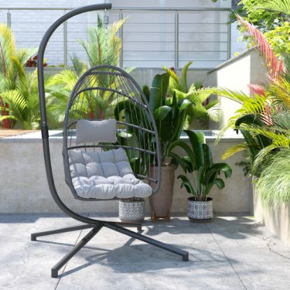 Picture of Flash Furniture Cleo Patio Hanging Egg Hammock Chair With Stand, Gray/Black