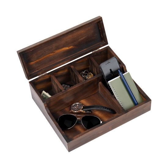 Picture of Mind Reader 7-Compartment Valet Tray With Hinged Lid, 4inH x 10inW x 12inD, Brown