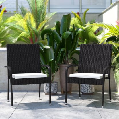 Picture of Flash Furniture Maxim Stackable Indoor/Outdoor Wicker Dining Chairs With Padded Seat Cushions, Black/Cream, Set Of 2 Chairs