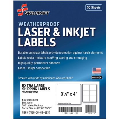 Picture of SKILCRAFT Weatherproof Mailing Labels - 3 21/64in Width x 4in Length - Permanent Adhesive - Rectangle - Laser, Inkjet - White - Polyester - 6 / Sheet - 300 / Pack - TAA Compliant