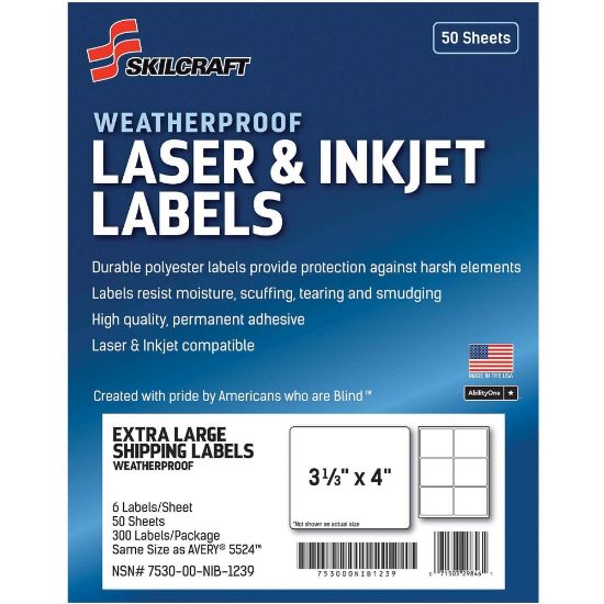 Picture of SKILCRAFT Weatherproof Mailing Labels - 3 21/64in Width x 4in Length - Permanent Adhesive - Rectangle - Laser, Inkjet - White - Polyester - 6 / Sheet - 300 / Pack - TAA Compliant