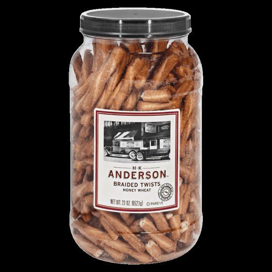 Picture of H.K. Anderson Anderson Pretzels, Honey Wheat Braided Pretzels, 23 Oz Tub