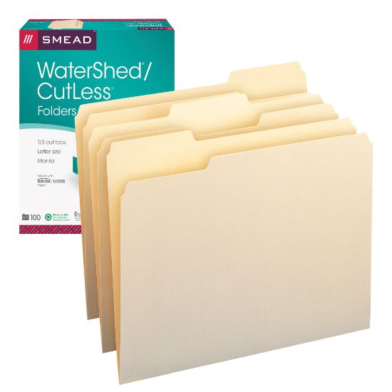 Picture of Smead CutLess And WaterShed/CutLess File Folders, Letter Size, 1/3 Cut, 30% Recycled, Manila, Box Of 100