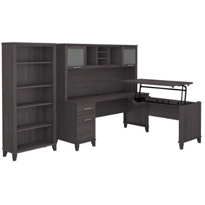 Picture of Bush Furniture Somerset 72inW 3-Position Sit-To-Stand L-Shaped Desk With Hutch And Bookcase, Storm Gray, Standard Delivery