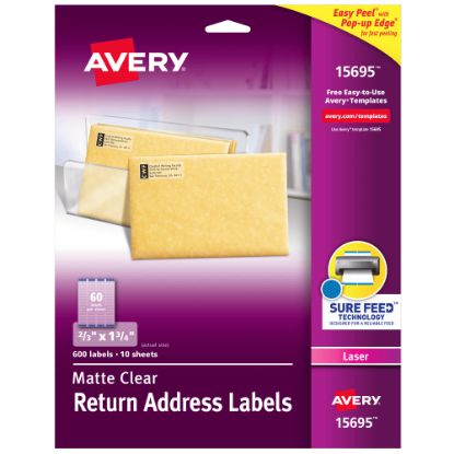 Picture of Avery Matte Return Address Labels With Sure Feed Technology, 15695, Rectangle, 2/3in x 1-3/4in, Clear, Pack Of 600 Labels