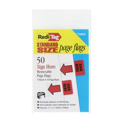 Picture of Redi-Tag Sign Here Red Arrow Page Flags - 50 - 1in x 1 11/16in - Rectangle - "SIGN HERE" - Red - Removable, Self-adhesive - 50 / Pack