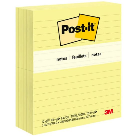 Picture of Post-it Notes, 3 in x 5 in, 12 Pads, 100 Sheets/Pad, Clean Removal, Canary Yellow, Lined