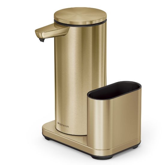 Picture of simplehuman Touch-Free Rechargeable Sensor Liquid Soap And Hand Sanitizer Dispenser, With Caddy, 14 Oz, Brass