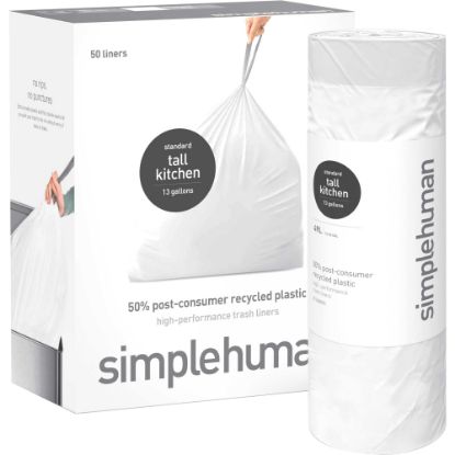 Picture of simplehuman Extra-Strong Tall Kitchen Liners, 13 Gallon, 50% Recycled, White, 20 Liners Per Roll, Pack Of 4 Rolls