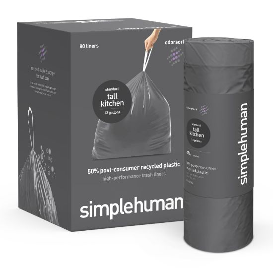 Picture of simplehuman Extra Strong Tall Kitchen Bags, 13 Gallon, Gray, 20 Liners Per Roll, Pack Of 4 Rolls