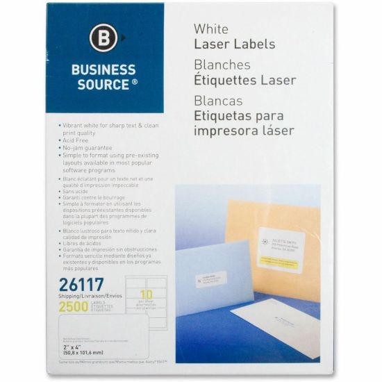 Picture of Business Source Bright White Premium-quality Shipping Labels - 2in Width x 4in Length - Permanent Adhesive - Rectangle - Laser, Inkjet - White - 10 / Sheet - 250 Total Sheets - 2500 / Pack - Lignin-free, Jam-free