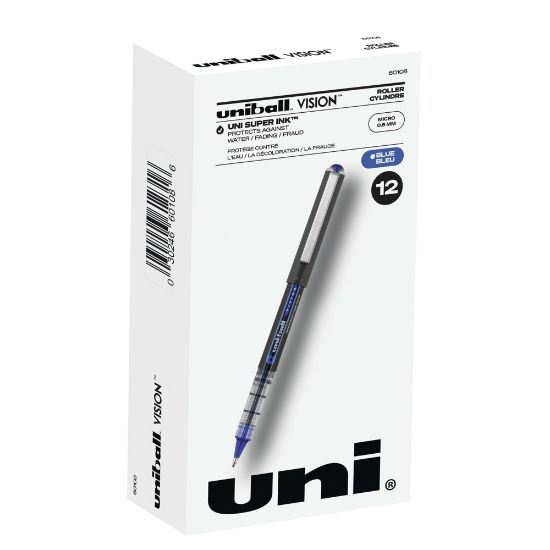 Picture of uni-ball Vision Rollerball Pens, Micro Point, 0.5 mm, Black Barrel, Blue Ink, Pack Of 12