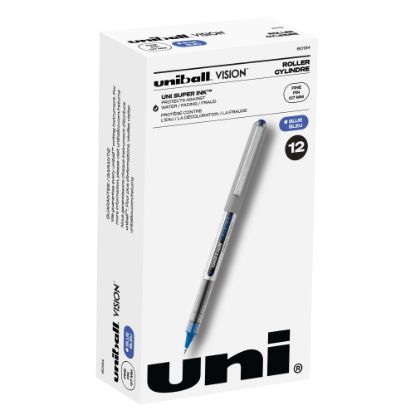 Picture of uni-ball Vision Rollerball Pens, Fine Point, 0.7 mm, Gray Barrel, Blue Ink, Pack Of 12