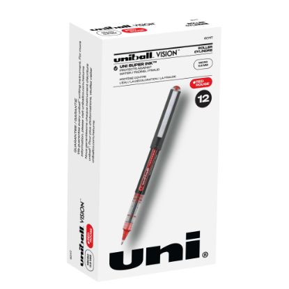 Picture of uni-ball Vision Rollerball Pens, Micro Point, 0.5 mm, Black Barrel, Red Ink, Pack Of 12