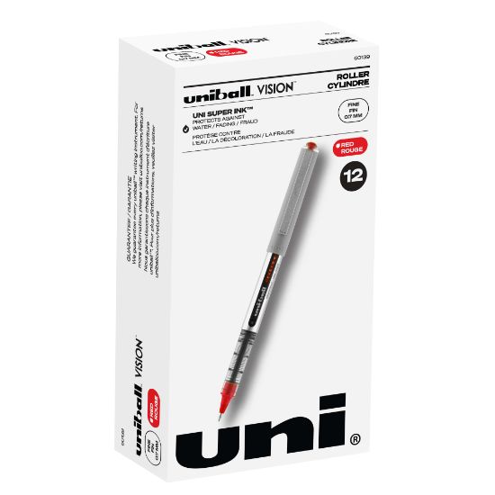 Picture of uni-ball Vision Rollerball Pens, Fine Point, 0.7 mm, Gray Barrel, Red Ink, Pack Of 12