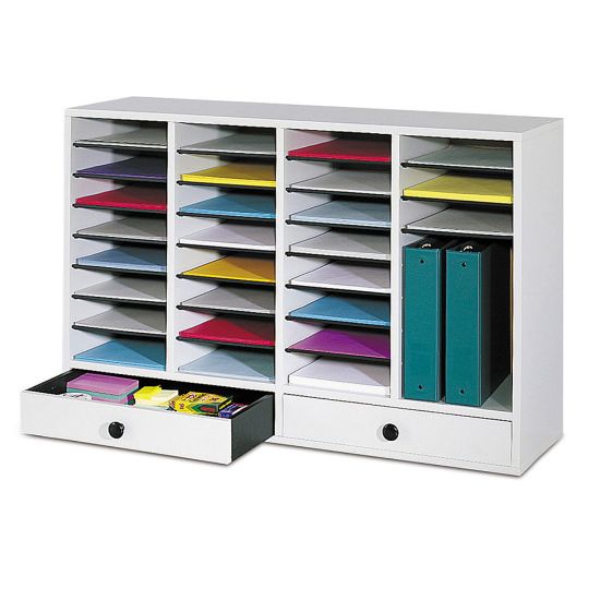 Picture of Safco Adjustable Wood Literature Organizer, 25 3/8inH x 39 3/8inW x 11 3/4inD, 32 Compartments, 2 Drawers, Gray