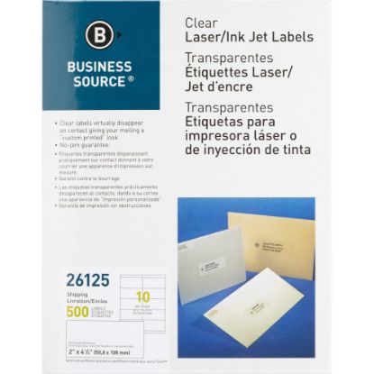 Picture of Business Source Clear Shipping Labels - 2in Width x 4 1/4in Length - Permanent Adhesive - Rectangle - Laser - Clear - 10 / Sheet - 500 / Pack - Self-adhesive