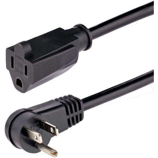 Picture of StarTech.com 6ft (2m) Power Extension Cord, Right Angle NEMA 5-15P to NEMA 5-15R, 13A 125V, 16AWG, Black, Flat Outlet Extension Cable