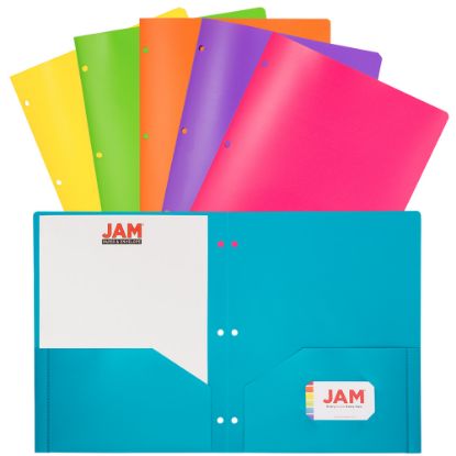 Picture of JAM Paper POP Plastic 3-Hole Punched 2-Pocket School Folders, 9-1/2in x 11-1/2in, Assorted Fashion, Pack Of 6 Folders