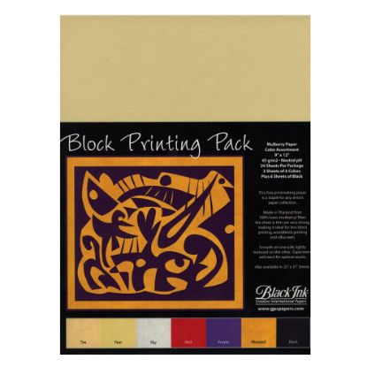 Picture of Black Ink Thai Mulberry Block Printing Paper, 9in x 12in, Assorted, Pack Of 24 Sheets