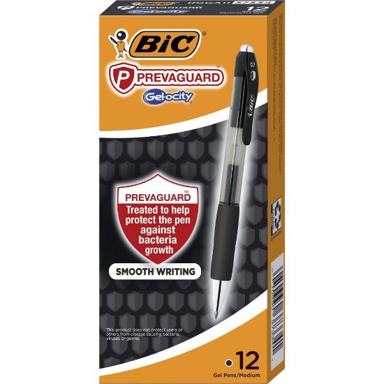 Picture of BIC PrevaGuard Gel-ocity Gel Pens, Pack Of 12, Medium Point, 0.7 mm, Black Barrel, Black Ink