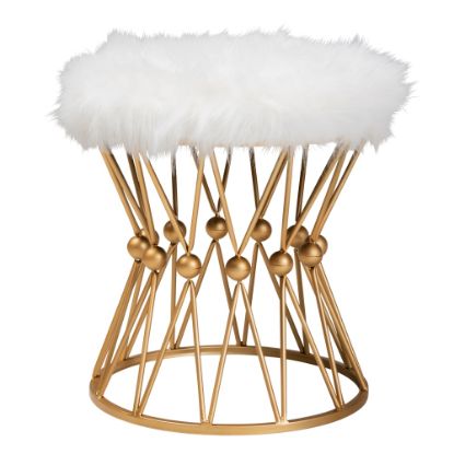 Picture of Baxton Studio Glam And Luxe Faux Fur Round Ottoman, White/Gold