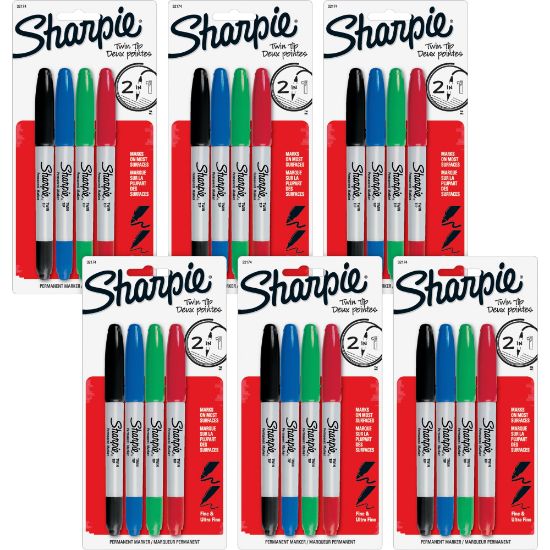 Picture of Sharpie Twin Tip Permanent Markers - Ultra Fine, Fine Marker Point - 0.3 mm, 1 mm Marker Point Size - Red, Green, Blue, Black Alcohol Based Ink - 6 / Bag