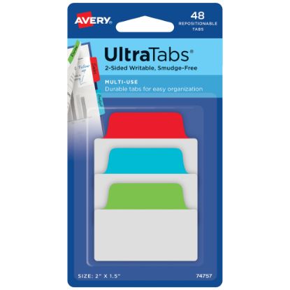 Picture of Avery Multiuse Ultra Tabs, 2-Side Writable, 2in x 1.5in, Red/Blue/Green, Pack Of 48 Repositionable Tabs