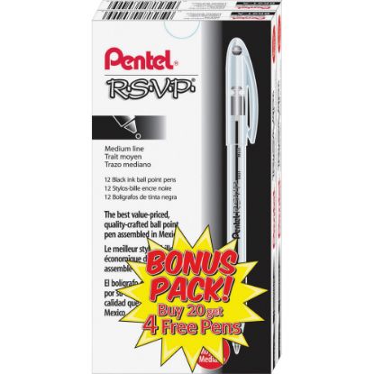 Picture of Pentel R.S.V.P. Ballpoint Stick Pens, Pack Of 24, Medium Point, 0.7 mm, Clear Barrel, Black Ink