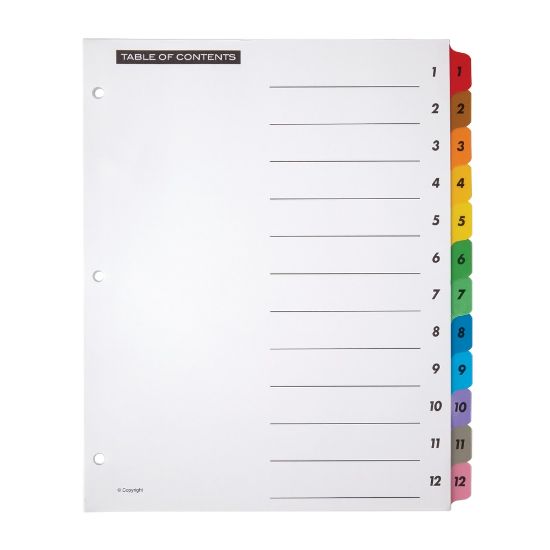 Picture of Office Depot Brand Table Of Contents Customizable Index With Preprinted Tabs, Assorted Colors, Numbered 1-12