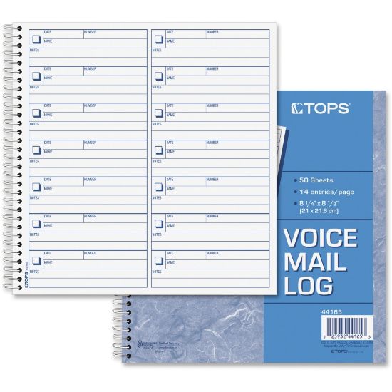 Picture of TOPS Voice Message Log Book - 50 Sheet(s) - 24 lb - Spiral Bound - 8.50in x 8.25in Sheet Size - White - Blue Print Color - 1 Each