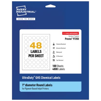 Picture of Avery Ultra Duty Permanent GHS Chemical Labels, 97203-WMUI100, Round, 1in Diameter, White, Pack Of 4,800