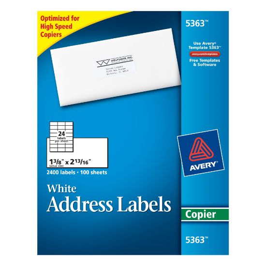 Picture of Avery Mailing Labels for Copiers - Permanent Adhesive - 1 3/8in Width x 2 13/16in Length - Rectangle - White - 2400 / Box