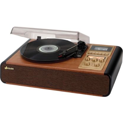 Picture of JENSEN 3-Speed Stereo Turntable with Cassette Player/Recorder and AM/FM Stereo Radio - Belt Drive - 33.33, 45, 78 rpm - Analog Magnetic - Brown, Gold - Auxiliary Audio In - Audio Line Out