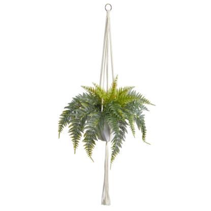 Picture of Nearly Natural Hanging Fern 25inH Artificial Plant With Decorative Basket, 25inH x 16inW x 12inD, Green/White