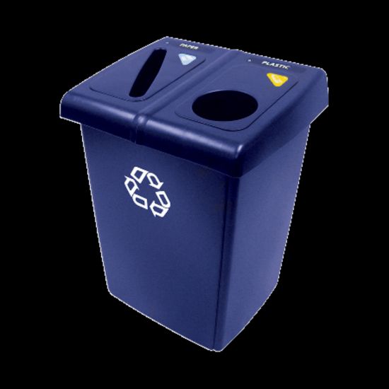 Picture of Rubbermaid Half Glutton Recycling Station, 35 2/5inH x 23 3/5inW x 36 4/5inD, 46-Gallon Capacity, Blue/White