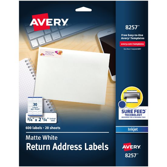 Picture of Avery Return Address Label With Sure Feed Technology, 8257, Rectangle, 3/4in x 2-1/4in, White, Pack Of 600 Labels