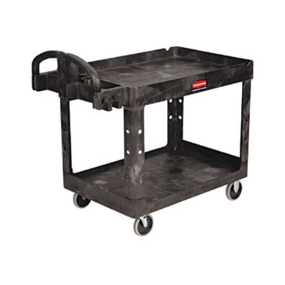 Picture of Rubbermaid Commercial Medium Utility Cart with Lipped Shelf - 2 Shelf - 500 lb Capacity - 4 Casters - 5in Caster Size - Resin, Polypropylene - 45.3in Length x 25.9in Width x 33.3in Height - Black - 1 Each