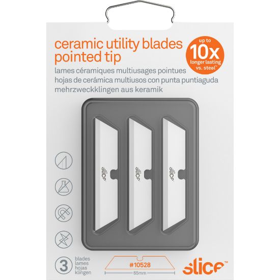 Picture of Slice Pointed Tip Ceramic Utility Blades - 2.60in Length - Pointed Tip, Non-conductive, Non-magnetic, Reversible, Retractable, Rust Resistant, Non-sparking - Zirconium Oxide - 3 / Pack - White