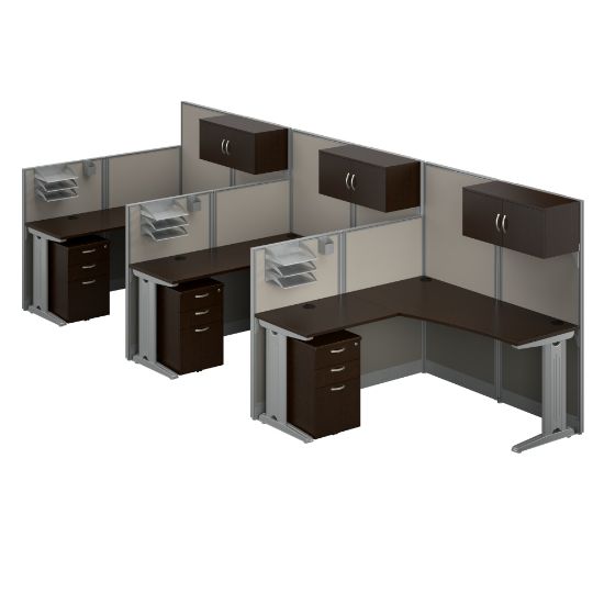 Picture of Bush Business Furniture Office in an Hour 3 Person L Shaped Cubicle Workstations, Mocha Cherry, Standard Delivery