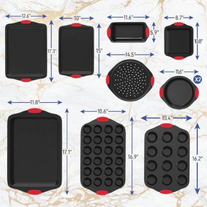 Picture of NutriChef 10-Piece Non-Stick Kitchen Oven Baking Pans - 10 Pieces - Baking, Cooking - Dishwasher Safe - Oven Safe - Red, Black - Carbon Steel Body - Silicone Handle - 1 Set