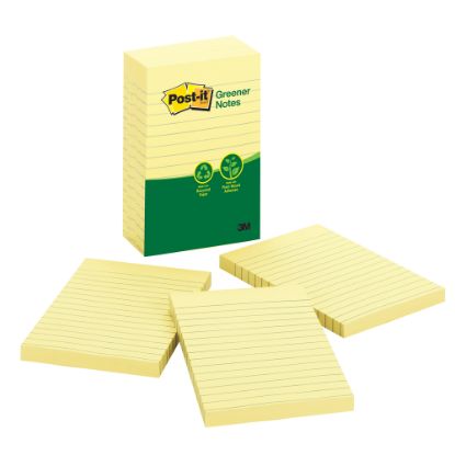 Picture of Post-it Greener Notes, 4 in x 6 in, 5 Pads, 100 Sheets/Pad, Clean Removal, Canary Yellow, Lined