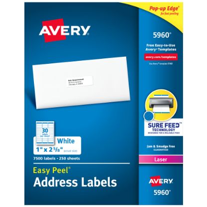 Picture of Avery Easy Peel White Laser Address Labels, 5960, 1in x 2 5/8in, Box Of 7,500